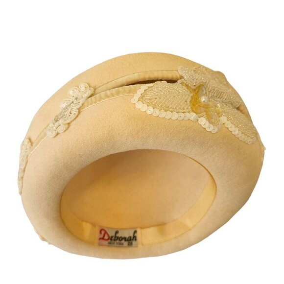 Deborah NY 70s White Wool Crown Hat Embellish Beaded Sequined Applique Womens OS - Picture 9 of 10